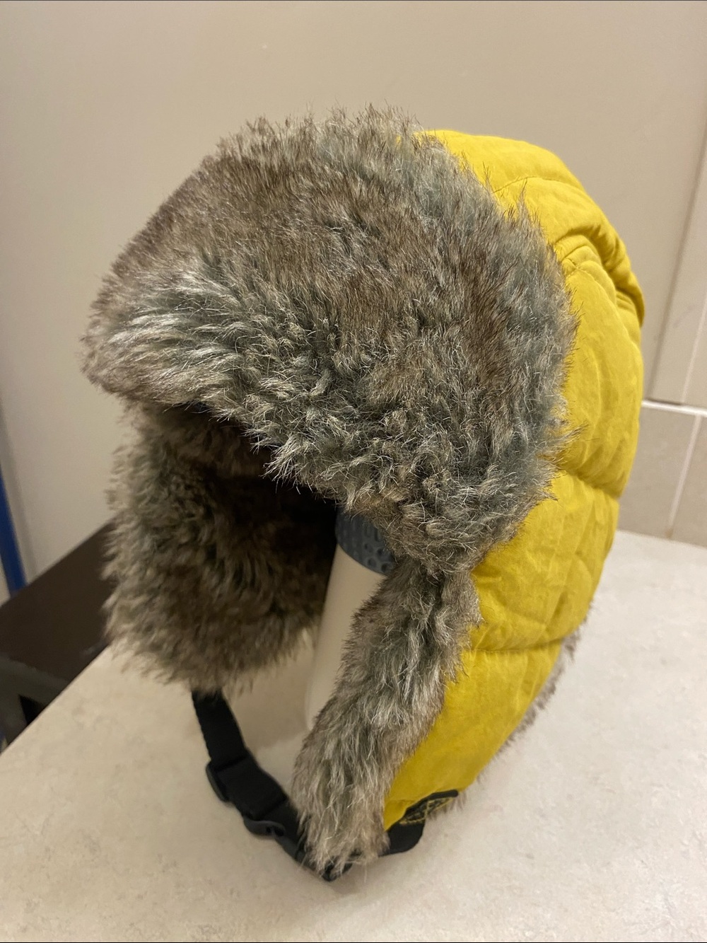 Timberland Yellow Quilted Trapper Hat with Gray/brown Faux Fur